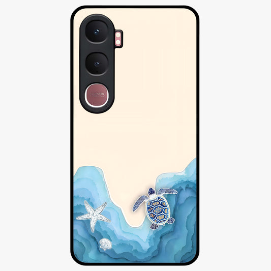 Ocean Drift Turtle Glass Case showing flat back view with sea turtle artwork and glossy glass finish.