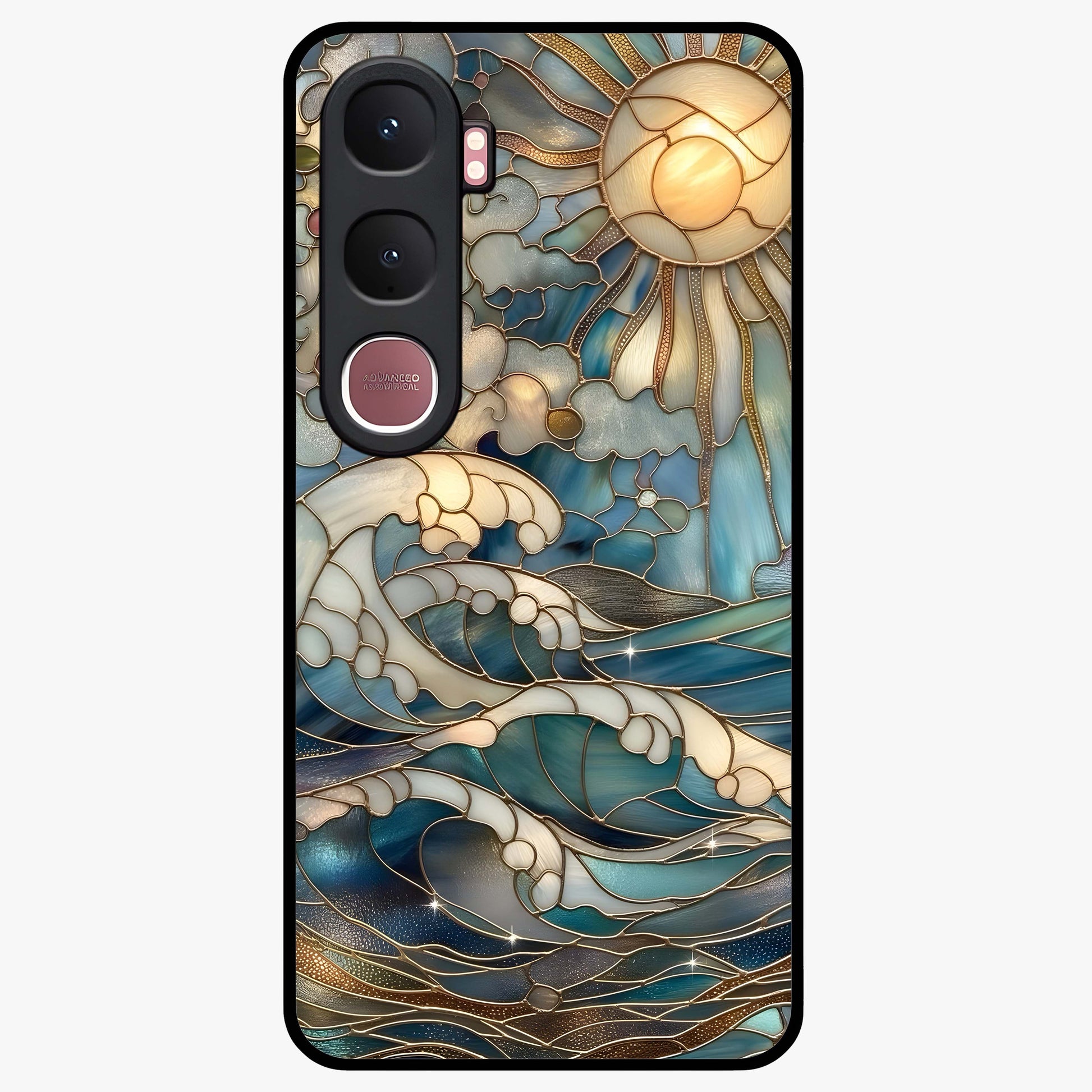 Oceanic Stained Printed Glass Case showing flat back view with ocean inspired stained pattern artwork and glossy glass finish.