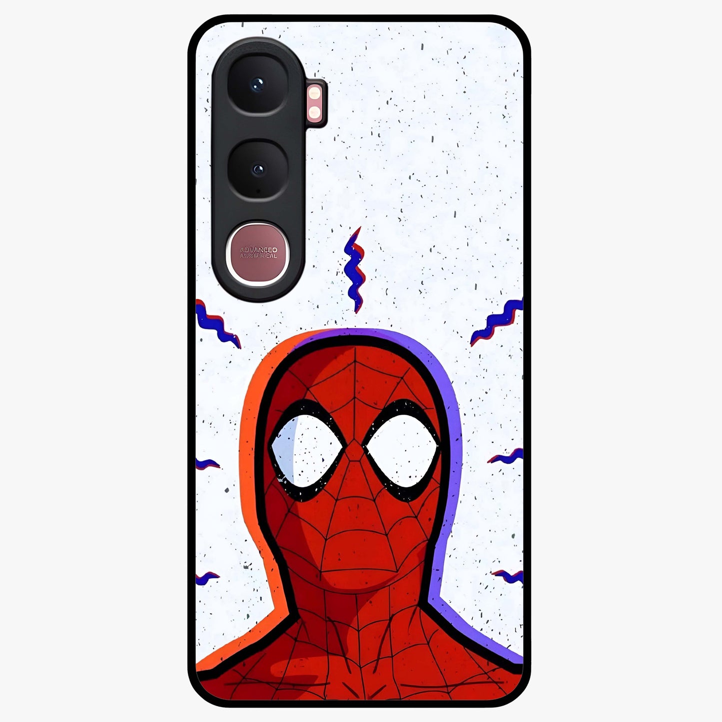 Omg Spiderman Glass Case showing flat back view with bold superhero inspired artwork and glossy glass finish.