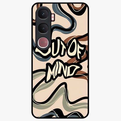Out Of Mind Glass Case showing flat back view with expressive typography artwork and glossy glass finish.