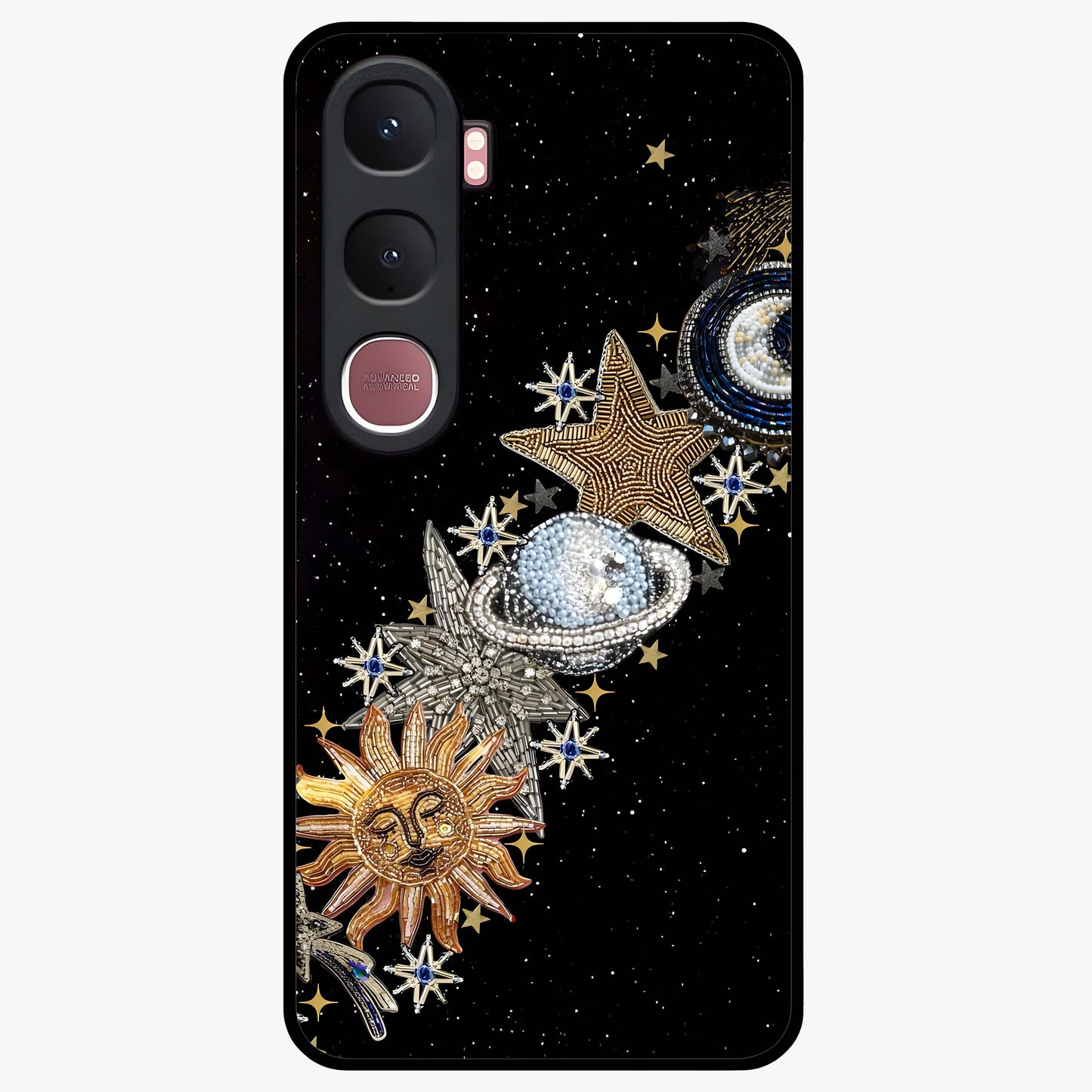 Pearls Universe Object Glass Case showing flat back view with pearl inspired cosmic artwork and glossy glass finish.