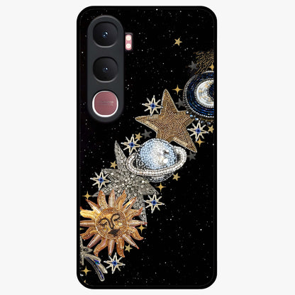 Pearls Universe Object Glass Case showing flat back view with pearl inspired cosmic artwork and glossy glass finish.