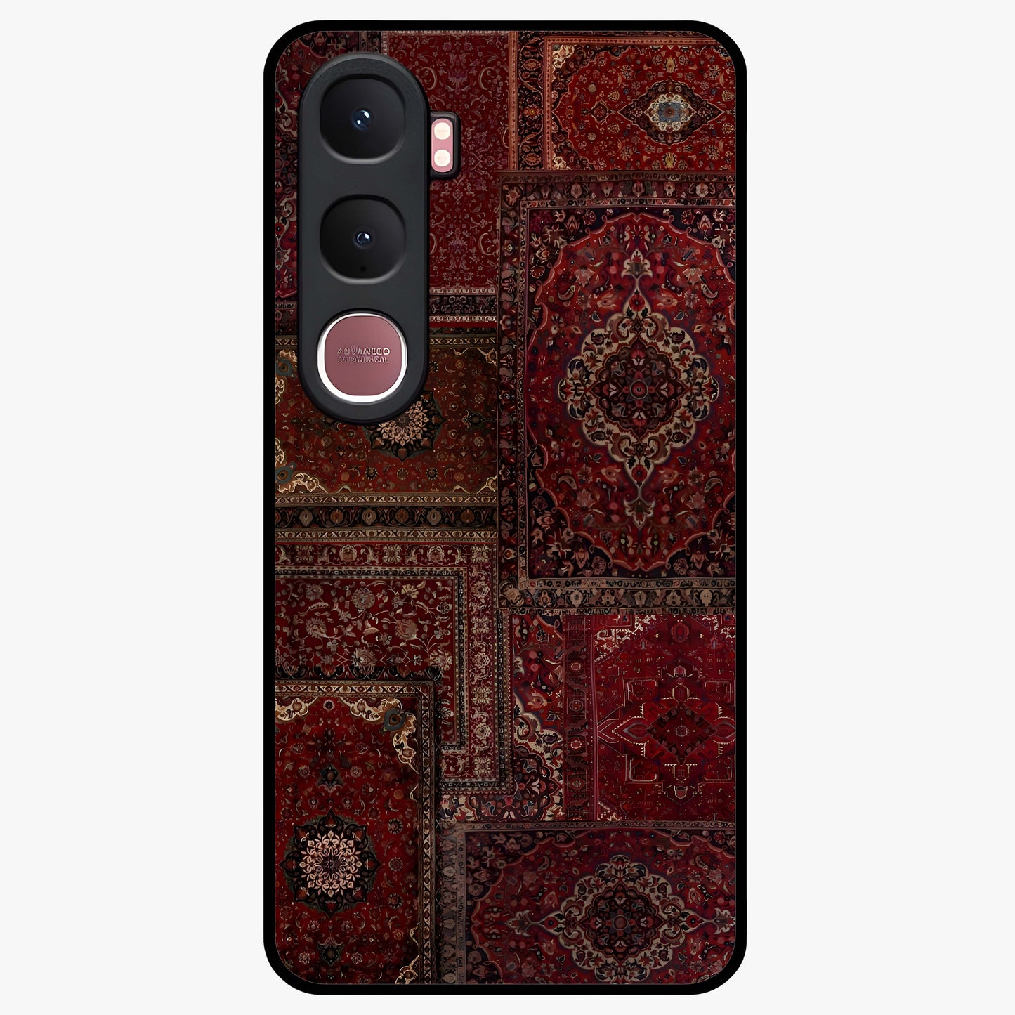 Persian Velvet Tale Glass Case showing flat back view with luxurious Persian velvet pattern artwork and glossy glass finish.