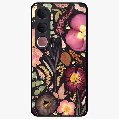Petal Dream Tapestry Glass Case showing flat back view with intricate floral tapestry artwork and glossy glass finish.
