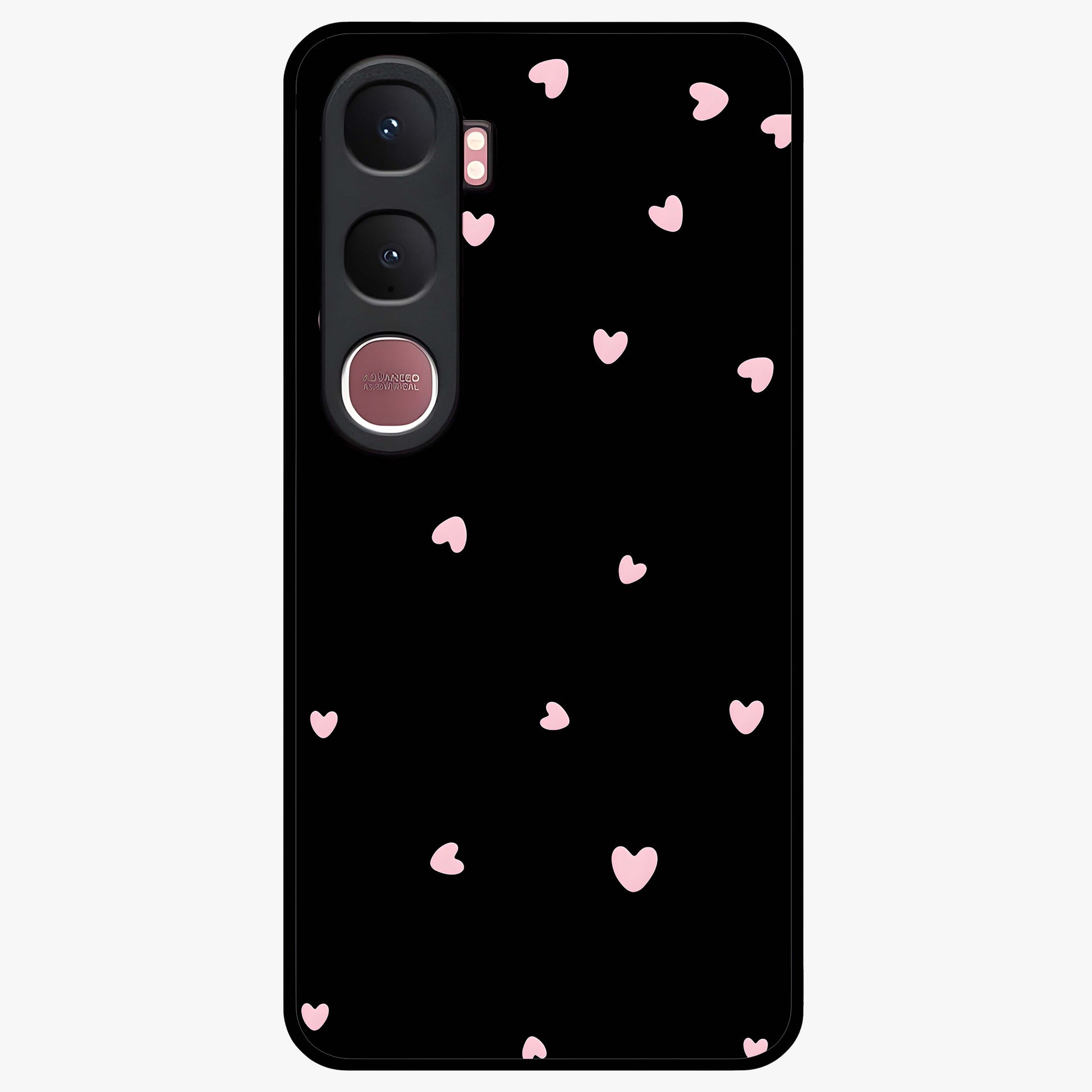 Pink Love Drops Glass Case showing flat back view with playful pink heart drops artwork and glossy glass finish.