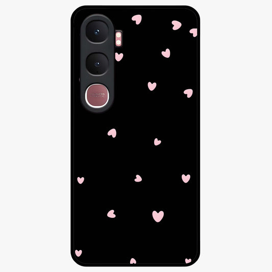 Pink Love Drops Glass Case showing flat back view with playful pink heart drops artwork and glossy glass finish.