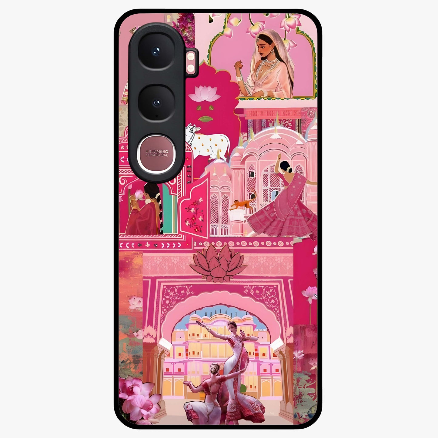 Pink Palace Muse Glass Case showing flat back view with elegant palace inspired artwork and glossy glass finish.
