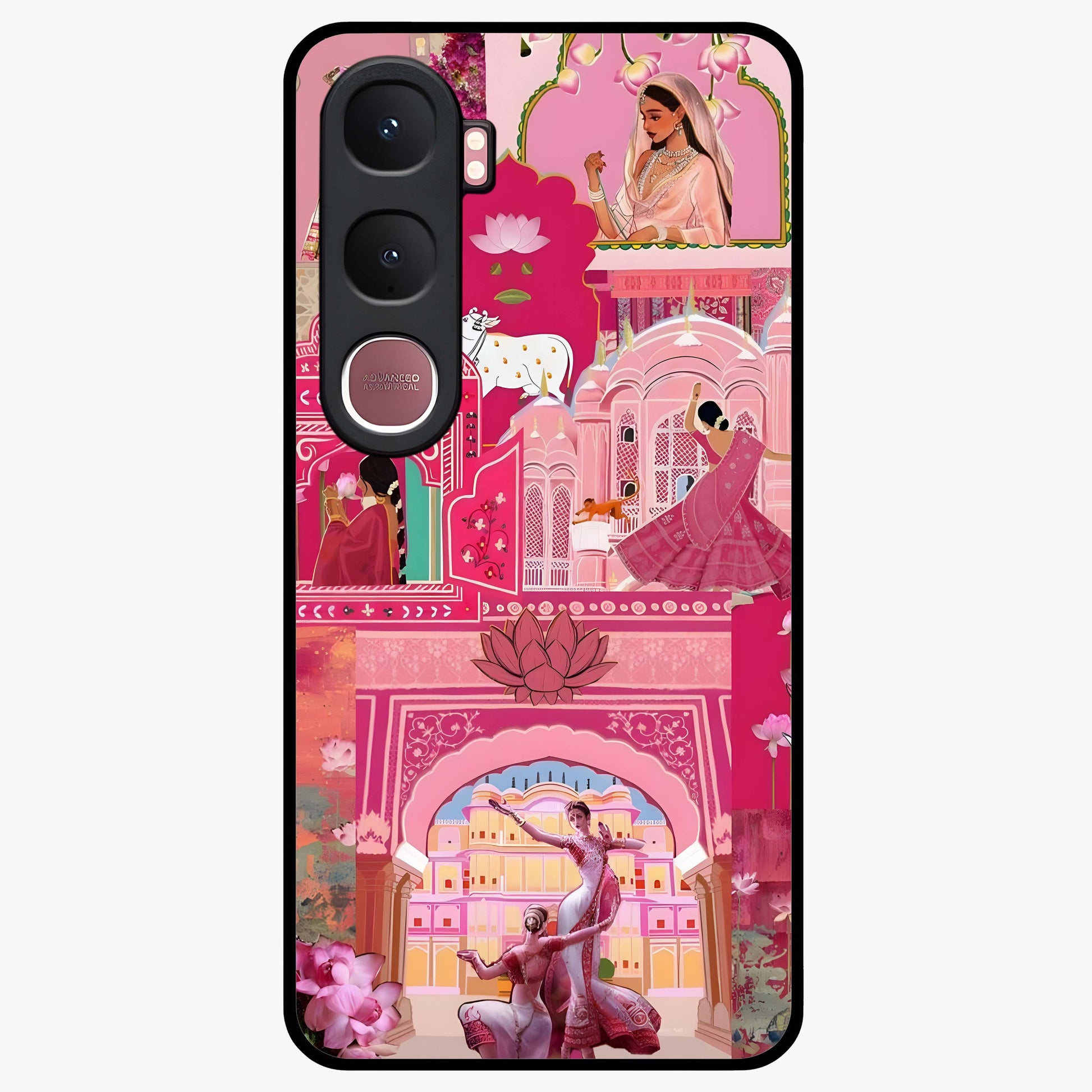 Pink Palace Muse Glass Case showing flat back view with elegant palace inspired artwork and glossy glass finish.