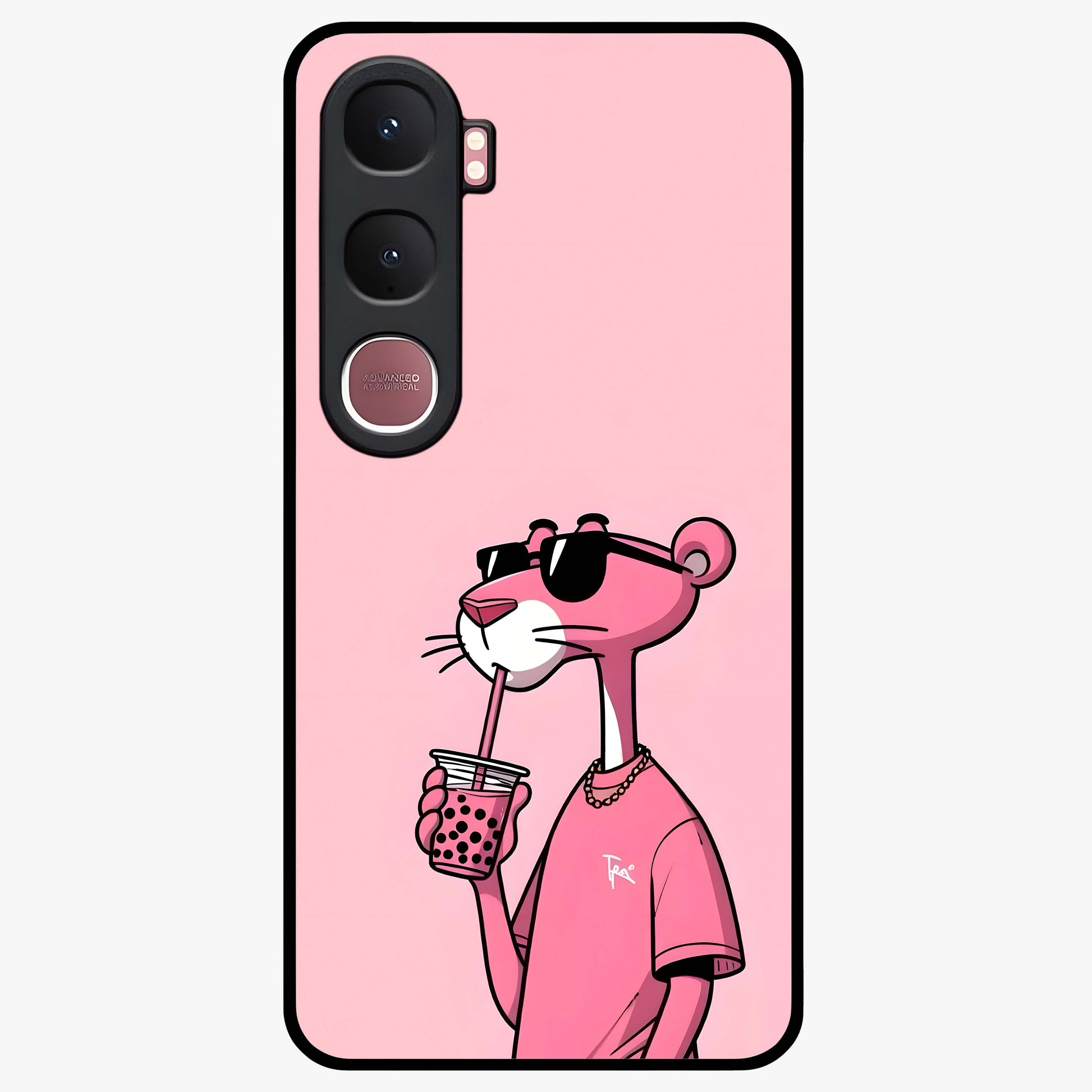 Pink Panther Glass Case showing flat back view with iconic pink panther artwork and glossy glass finish.