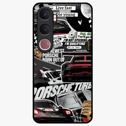 Porsche Racing Collage Glass Case showing flat back view with sports car racing collage artwork and glossy glass finish.