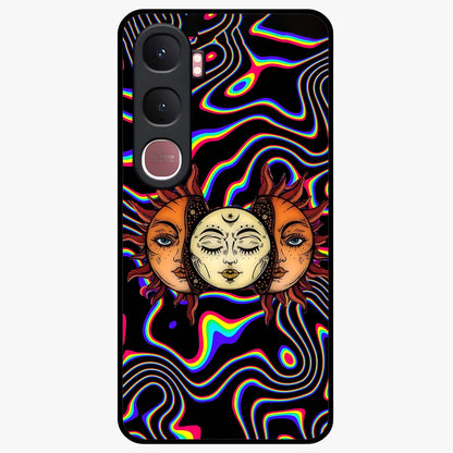 Psychedelic Sun Glass Case showing flat back view with colorful psychedelic sun artwork and glossy glass finish.