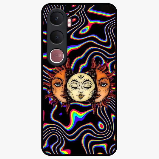 Psychedelic Sun Glass Case showing flat back view with colorful psychedelic sun artwork and glossy glass finish.