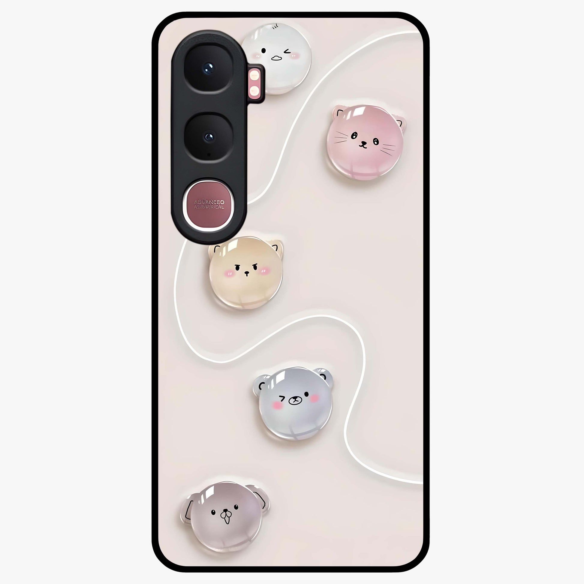 Puffy Face Parade Glass Case showing flat back view with cute puffy character faces artwork and glossy glass finish.