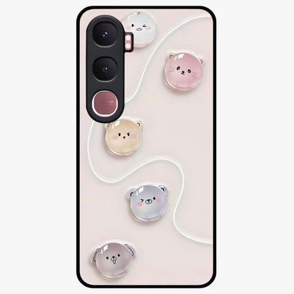 Puffy Face Parade Glass Case showing flat back view with cute puffy character faces artwork and glossy glass finish.