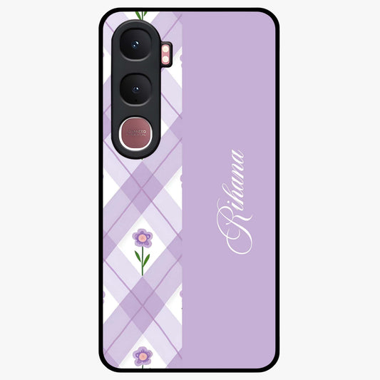 Purple Diamond Floral Glass Case showing flat back view with diamond shaped floral artwork and glossy glass finish.