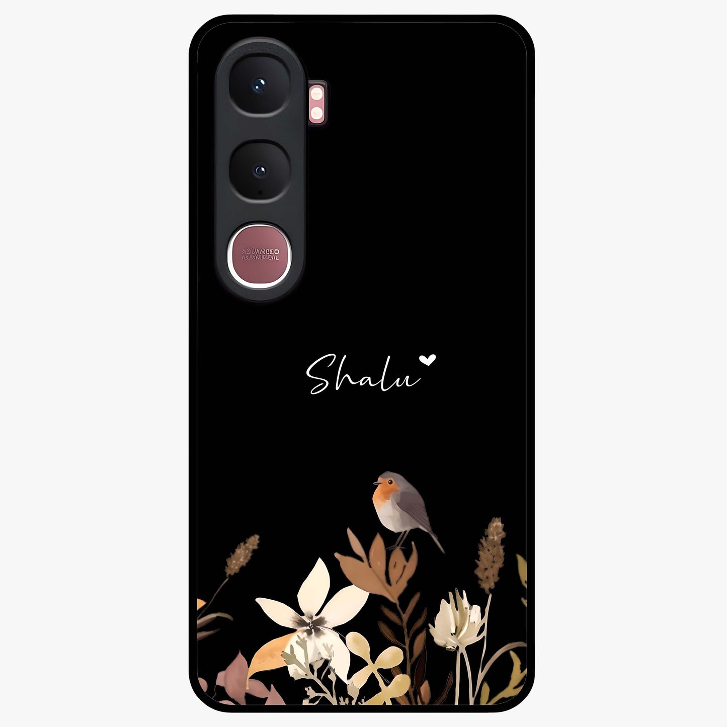 Quiet Garden Tune Custom Name Glass Case showing flat back view with peaceful garden artwork and personalized name design.