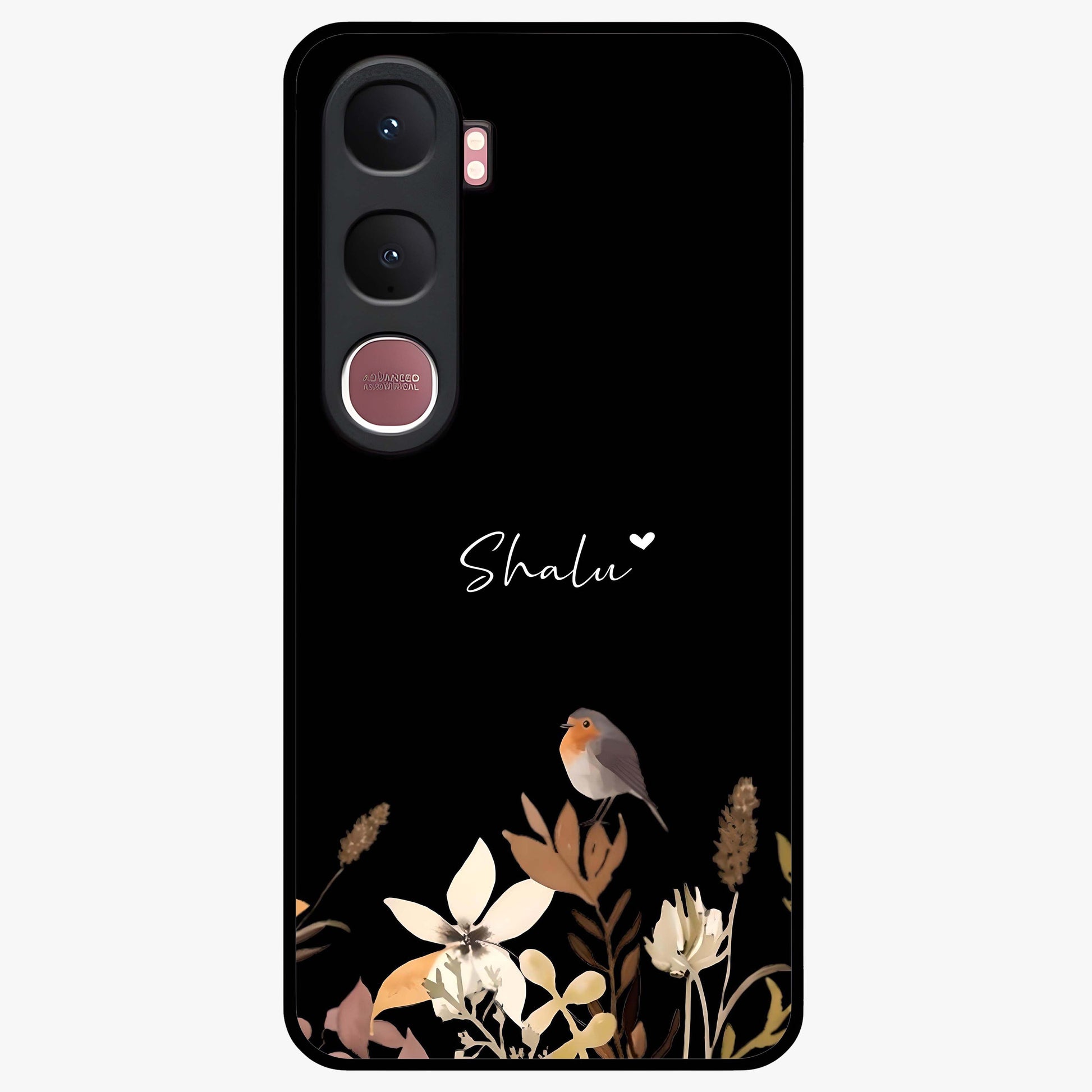Quiet Garden Tune Custom Name Glass Case showing flat back view with peaceful garden artwork and personalized name design.