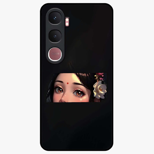 Radha Divine Embrace Glass Case showing flat back view with devotional Radha artwork and glossy glass finish.