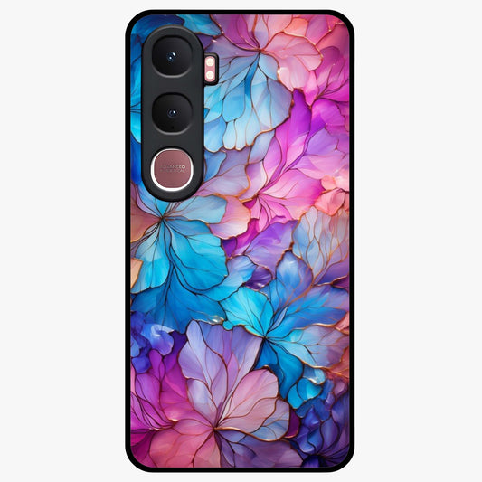 Radiant Floral Whirl Glass Case showing flat back view with swirling floral artwork and glossy glass finish.