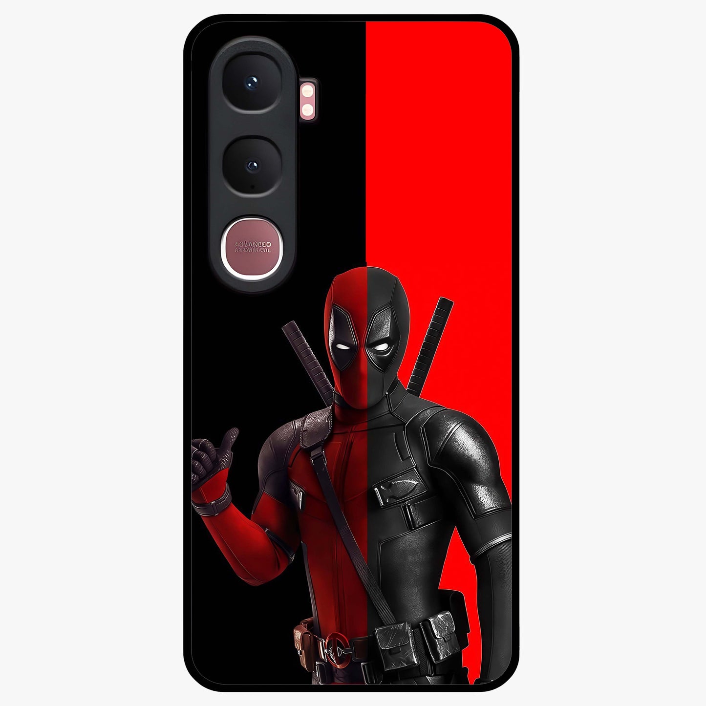 Red & Black Deadpool Theme Glass Case showing flat back view with bold comic inspired artwork and glossy glass finish.