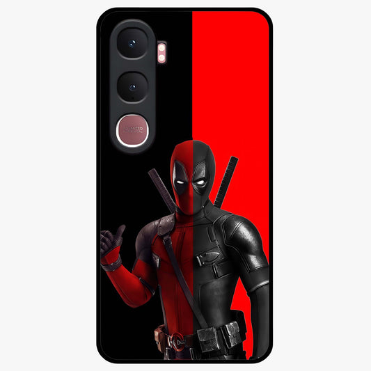 Red & Black Deadpool Theme Glass Case showing flat back view with bold comic inspired artwork and glossy glass finish.