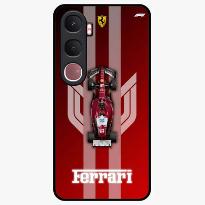 Red Ferrari F1 Vertical Glass Case showing flat back view with sleek Formula racing car artwork and glossy glass finish.