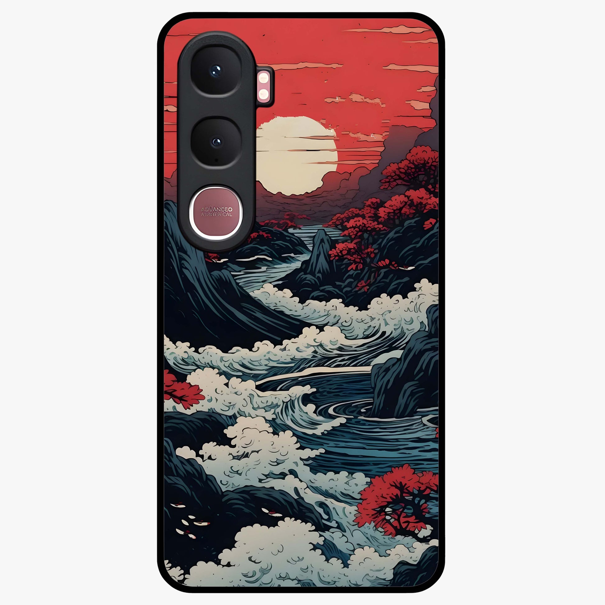 Red Sunset Scenery Glass Case showing flat back view with vibrant sunset landscape artwork and glossy glass finish.