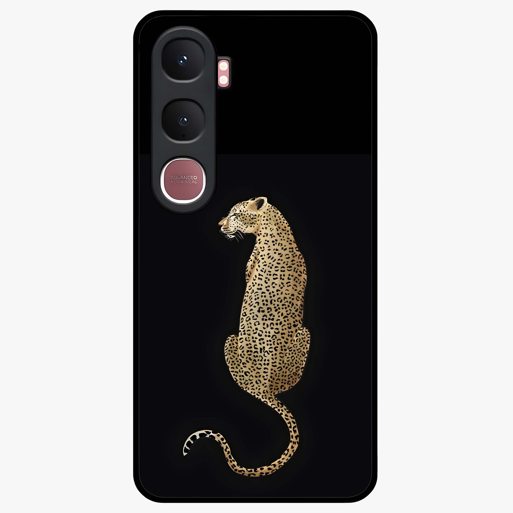 Regal Leopard Glass Case showing flat back view with bold leopard artwork and glossy glass finish.