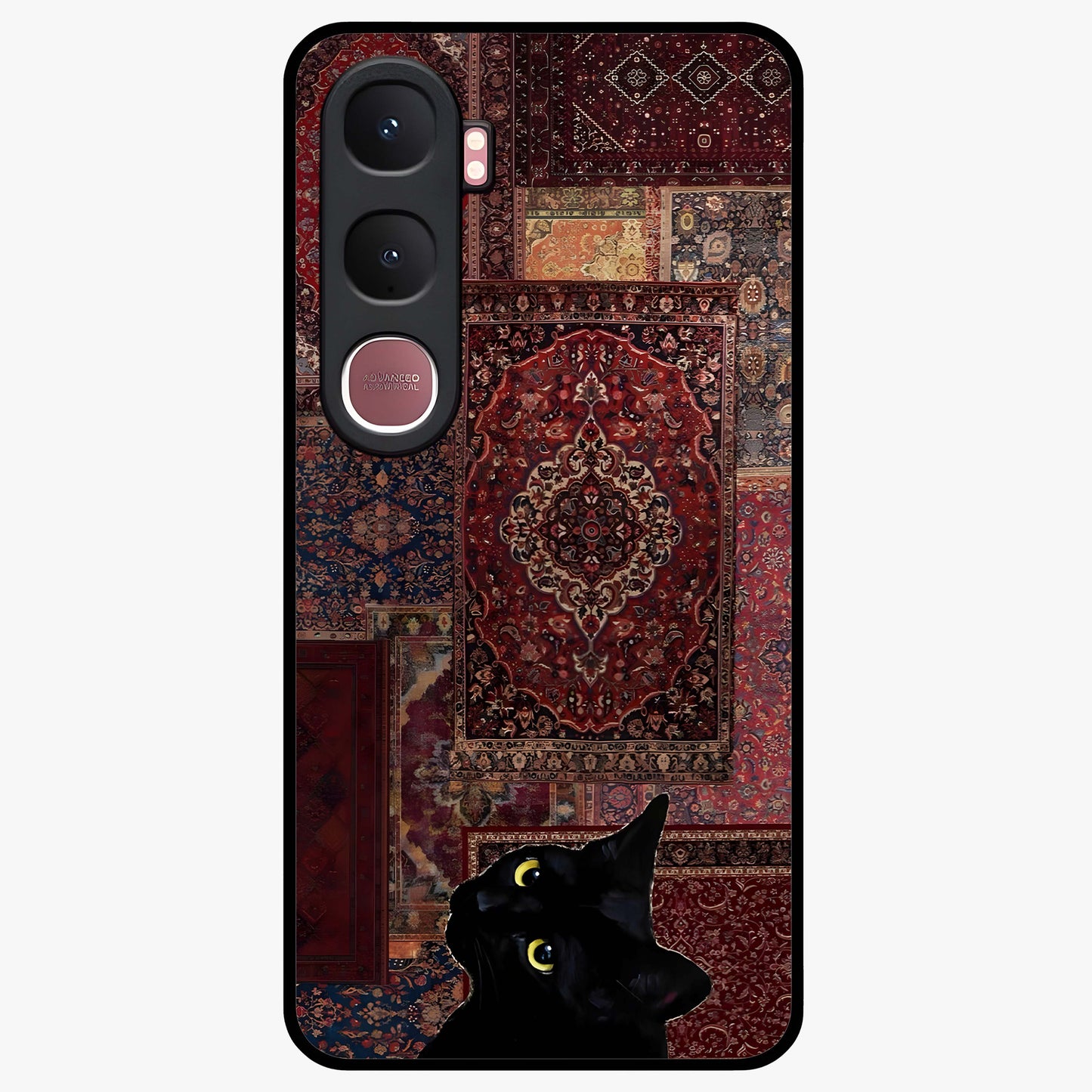 Regal Magic Cat Apple Glass Case showing flat back view with magical cat artwork holding apple and glossy glass finish.
