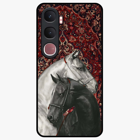 Regal Stallion Tapestry Glass Case showing flat back view with majestic horse tapestry artwork and glossy glass finish.