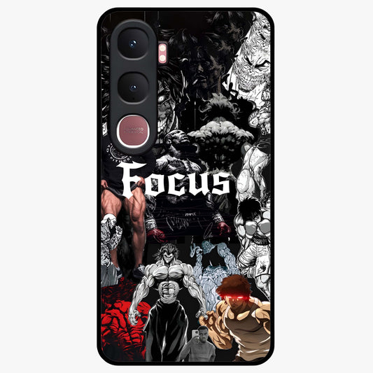 Relentless Power Focus Glass Case showing flat back view with motivational typography artwork and glossy glass finish.