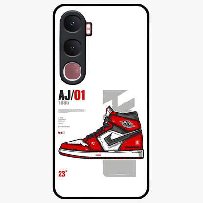 Retro Sneaker Blueprint Glass Case showing flat back view with sneaker blueprint style artwork and glossy glass finish.