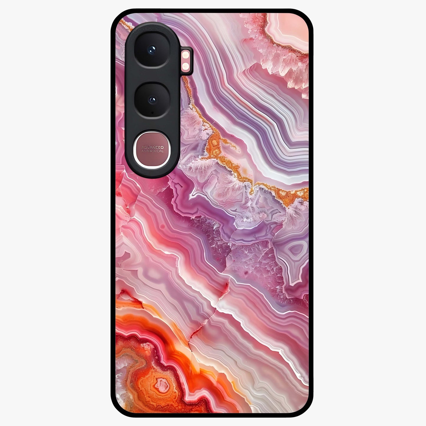 Rose Quartz Marble Glass Case showing flat back view with pink marble quartz texture artwork and glossy glass finish.