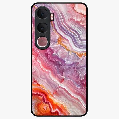 Rose Quartz Marble Glass Case showing flat back view with pink marble quartz texture artwork and glossy glass finish.