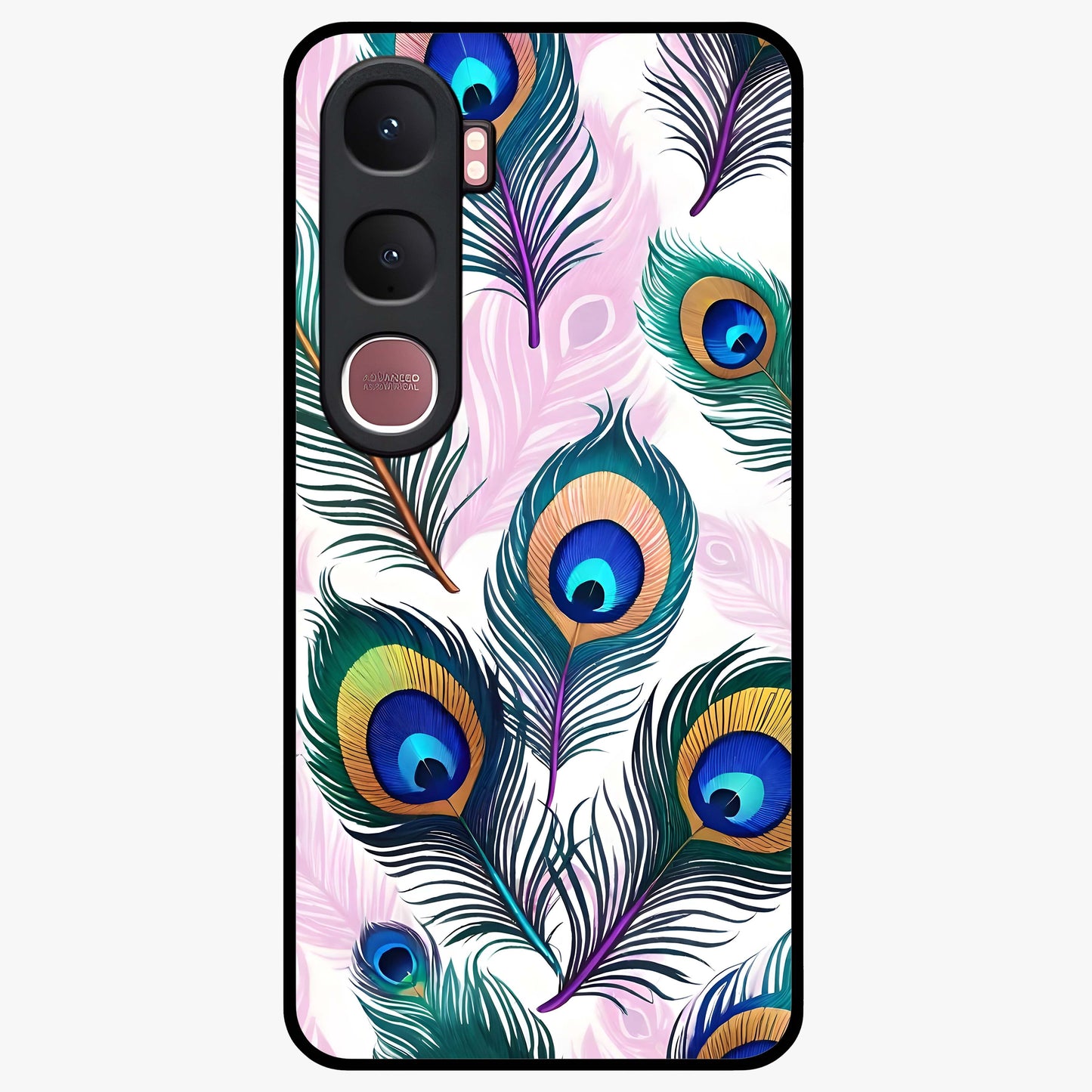 Royal Peacock Feathers Glass Case showing flat back view with colorful peacock feather artwork and glossy glass finish.