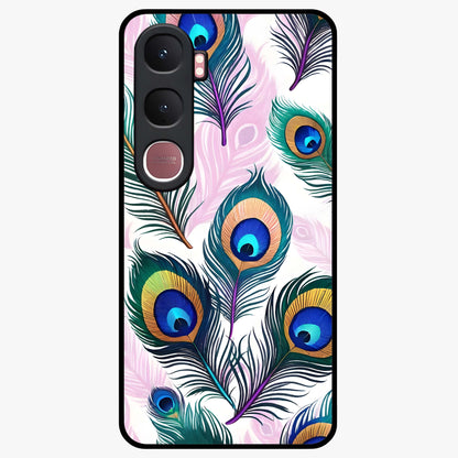 Royal Peacock Feathers Glass Case showing flat back view with colorful peacock feather artwork and glossy glass finish.
