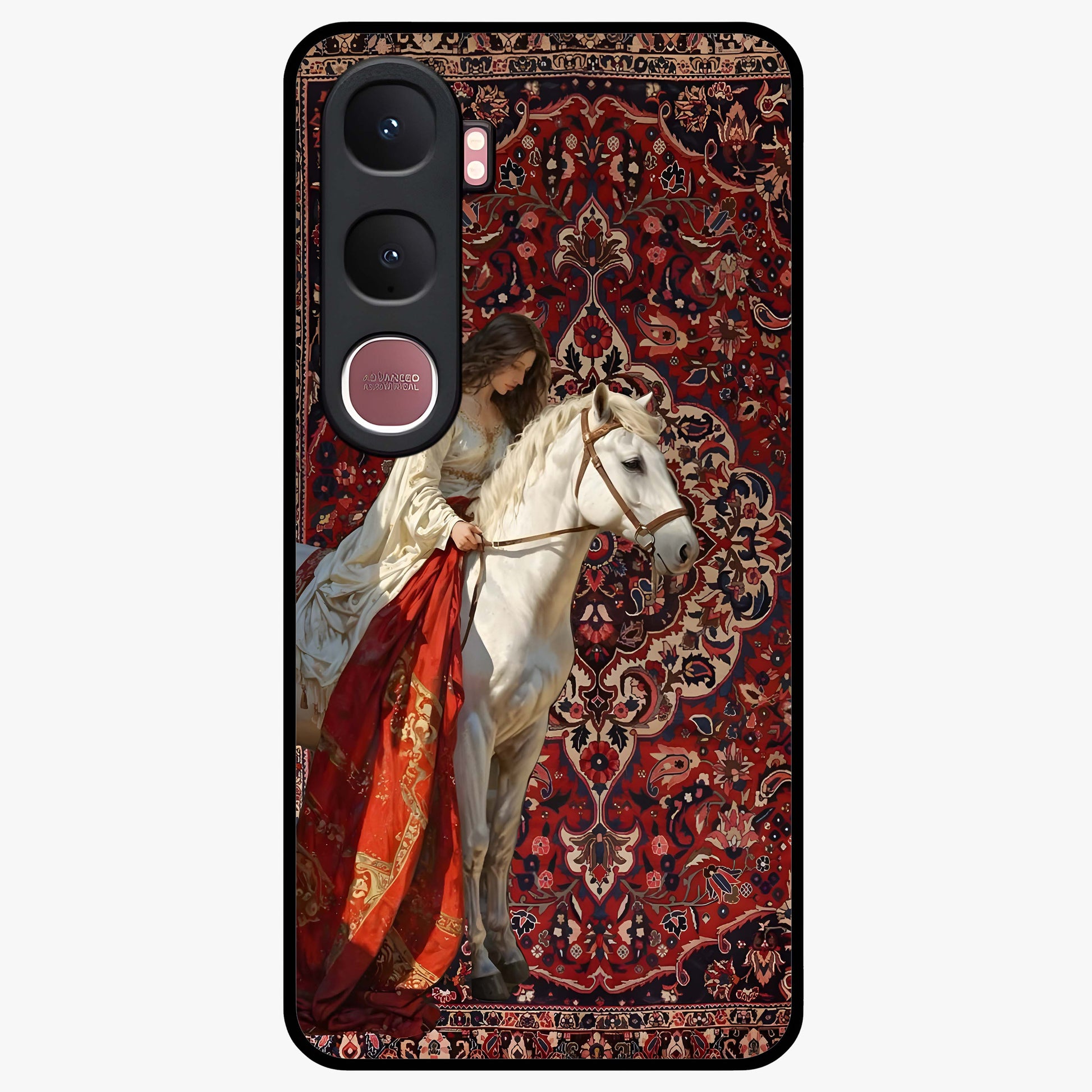 Royal Rider Tapestry Glass Case showing flat back view with majestic horse rider tapestry artwork and glossy glass finish.