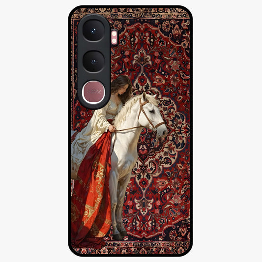 Royal Rider Tapestry Glass Case showing flat back view with majestic horse rider tapestry artwork and glossy glass finish.