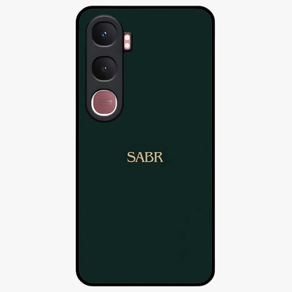 Sabr Minimal Patience Glass Case showing flat back view with minimalist typography artwork and glossy glass finish.
