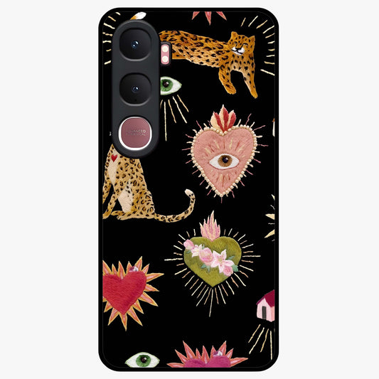 Sacred Jungle Heart Glass Case showing flat back view with jungle inspired heart artwork and glossy glass finish.