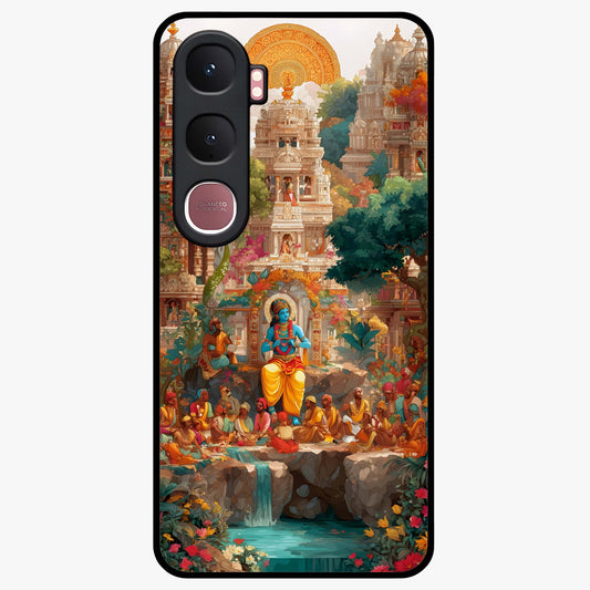 Sacred Sunlight Gods Glass Case showing flat back view with divine sunlight themed artwork and glossy glass finish.