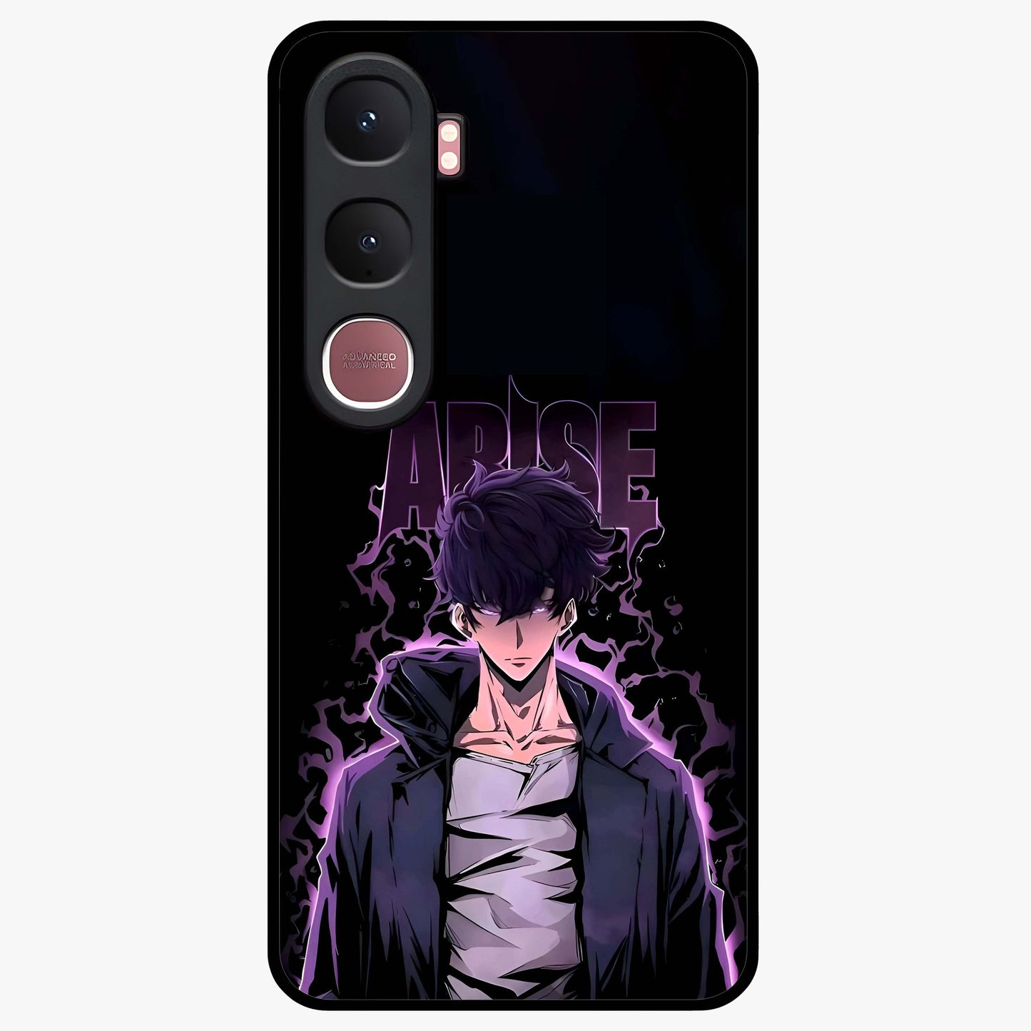 Shadow Monarch Awakening Glass Case showing flat back view with powerful dark monarch themed artwork and glossy glass finish.