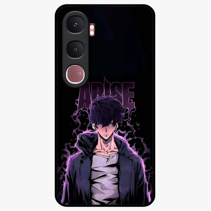 Shadow Monarch Awakening Glass Case showing flat back view with powerful dark monarch themed artwork and glossy glass finish.