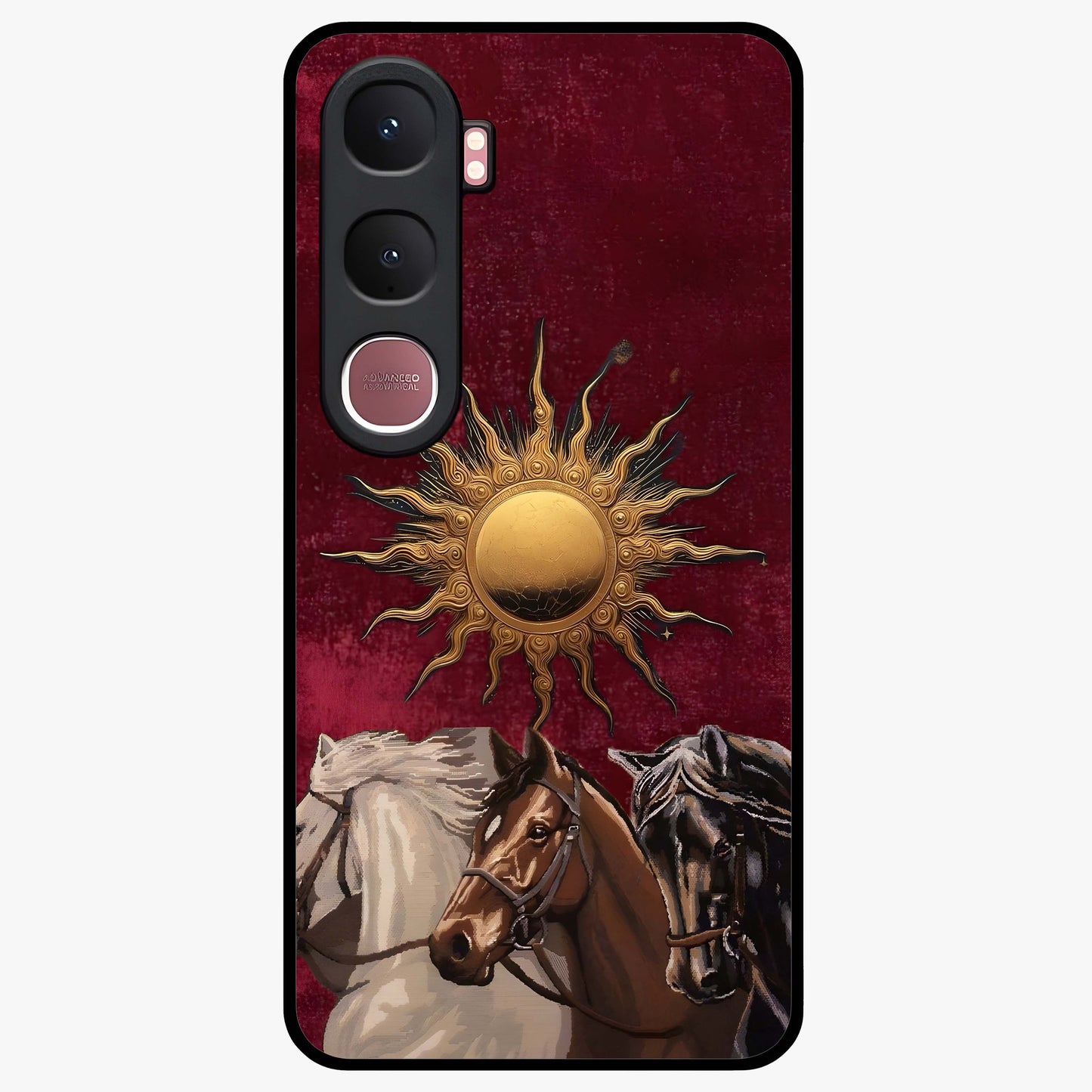 Solar Riders Glass Case showing flat back view with dynamic rider themed artwork and glossy glass finish.