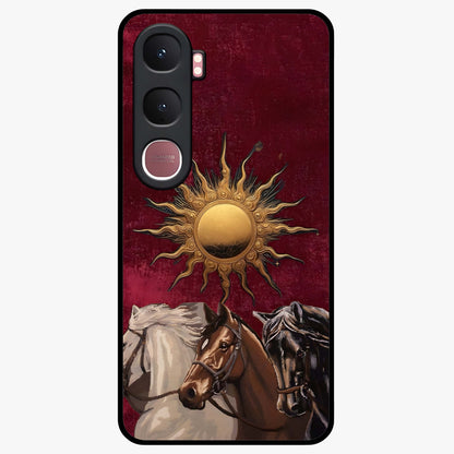 Solar Riders Glass Case showing flat back view with dynamic rider themed artwork and glossy glass finish.