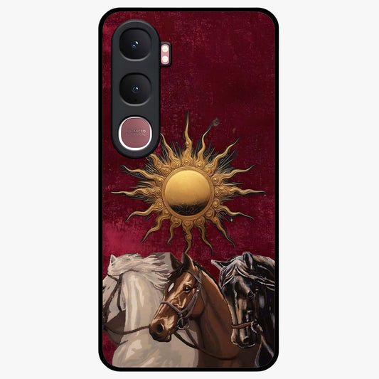 Solar Riders Glass Case showing flat back view with dynamic rider themed artwork and glossy glass finish.