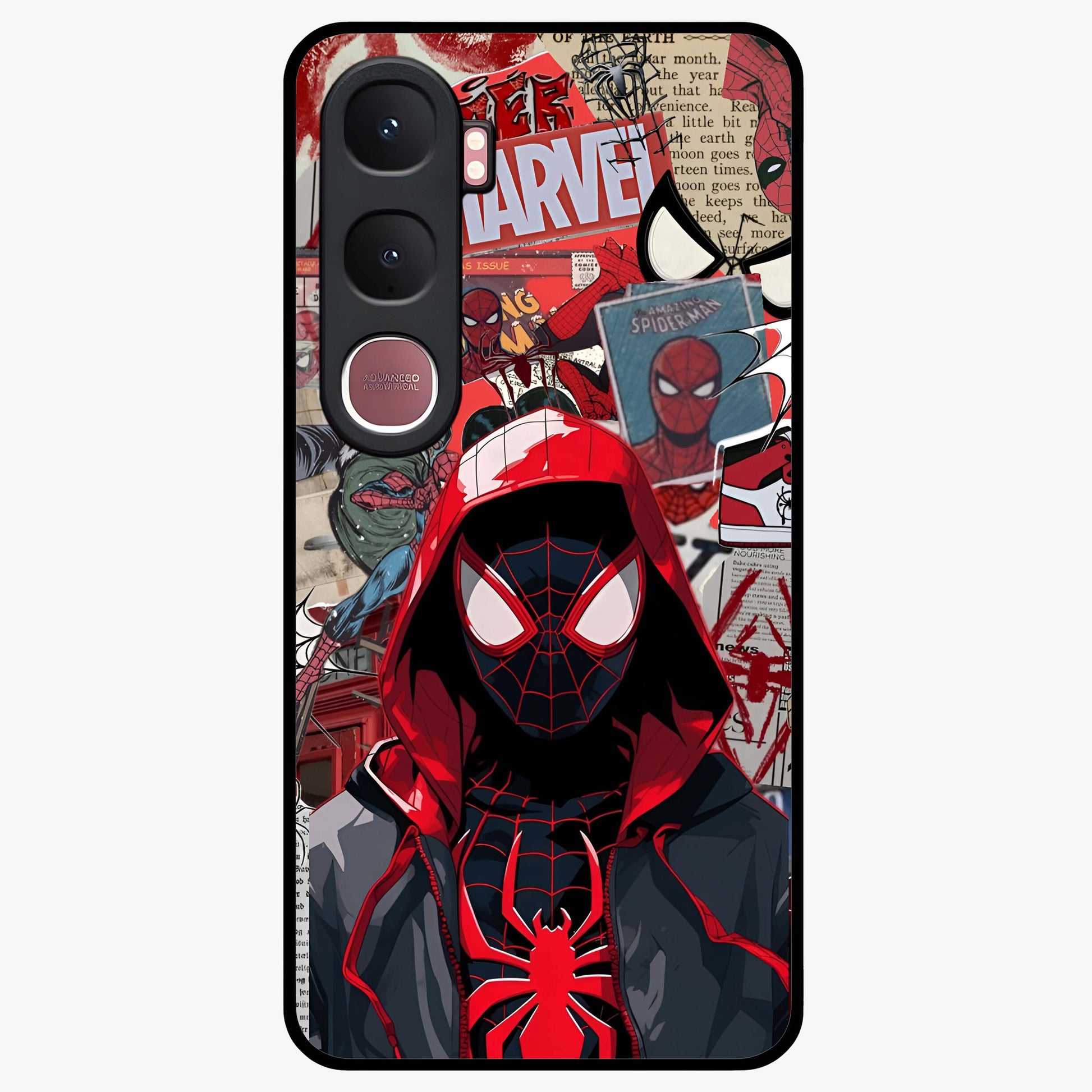 Spider Collage Street Glass Case showing flat back view with vibrant superhero collage artwork and glossy glass finish.