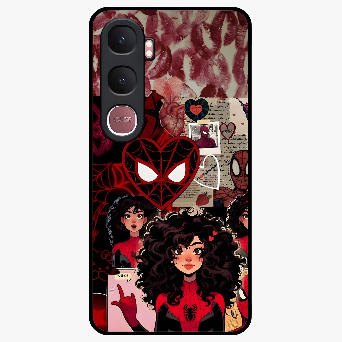 Spider Love Story Glass Case showing flat back view with romantic superhero themed artwork and glossy glass finish.