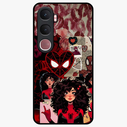 Spider Love Story Glass Case showing flat back view with romantic superhero themed artwork and glossy glass finish.