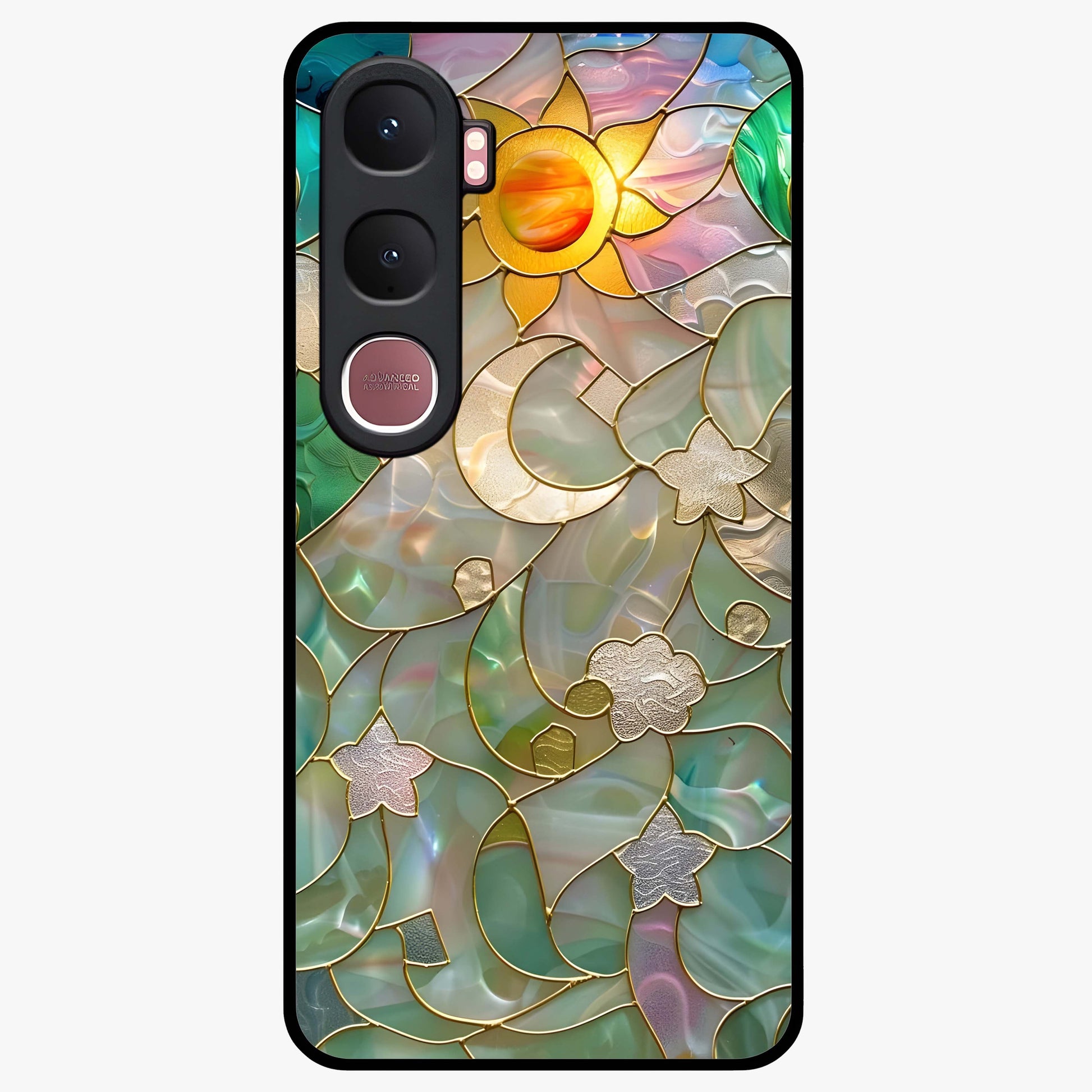 Stained Sunrise Glow Glass Case showing flat back view with glowing sunrise stained pattern artwork and glossy glass finish.